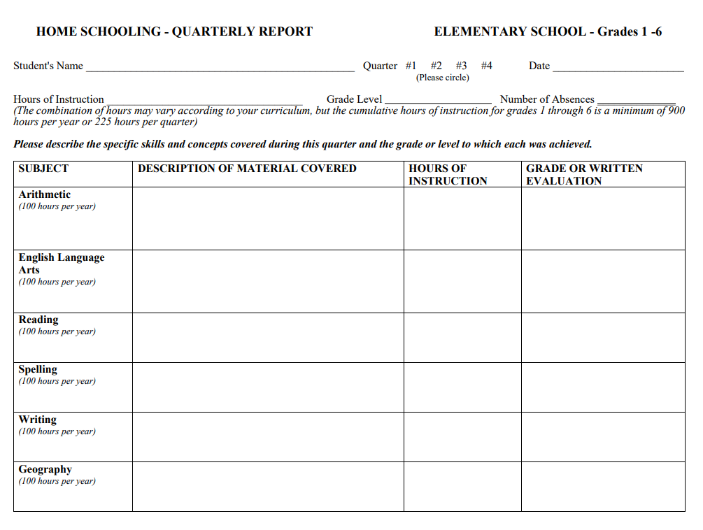 Home Schooling Quarterly Report Example