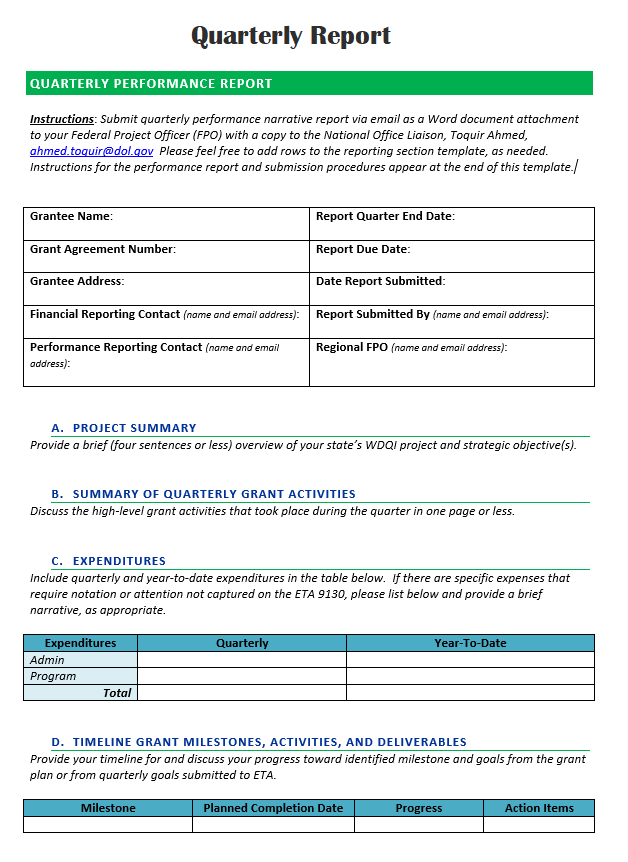 Quarterly Performance Report Template