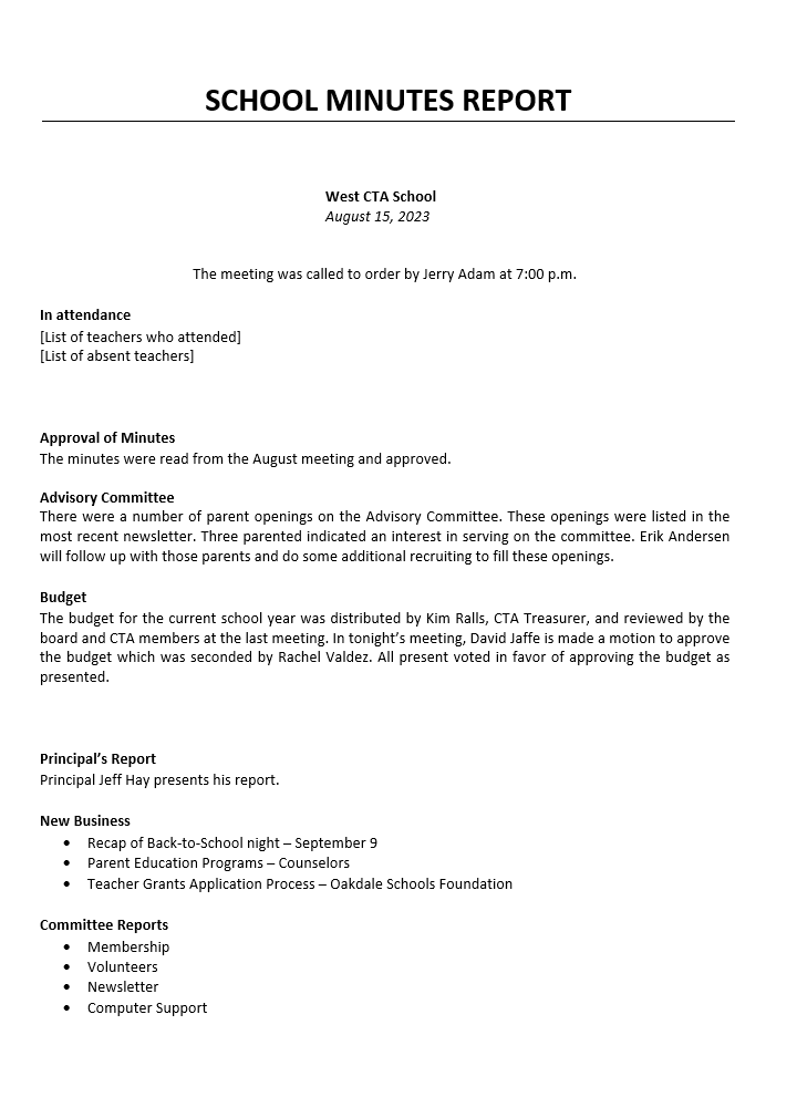 School Minutes Report Template