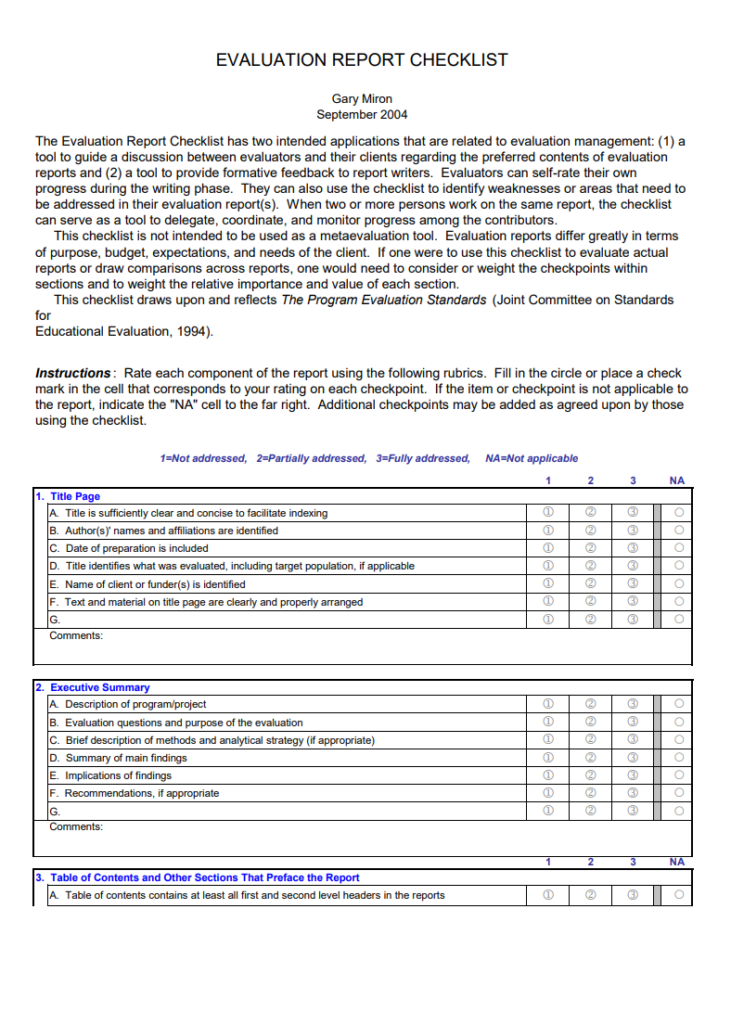 Evaluation Report Checklist Example